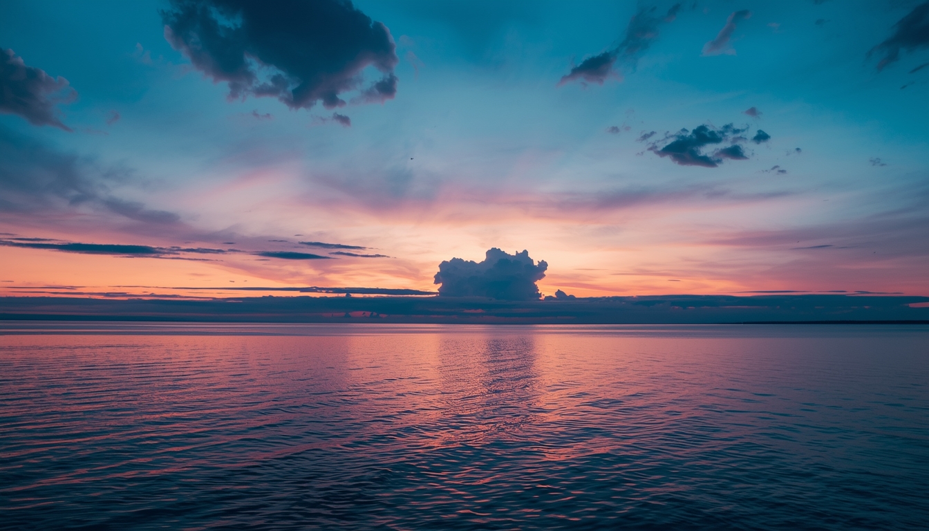 Soft dusk colors over a calm horizon with gentle clouds