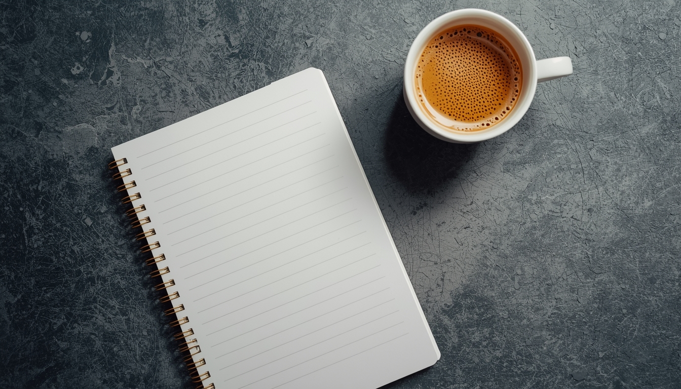 Open notebook beside a warm drink on a textured table